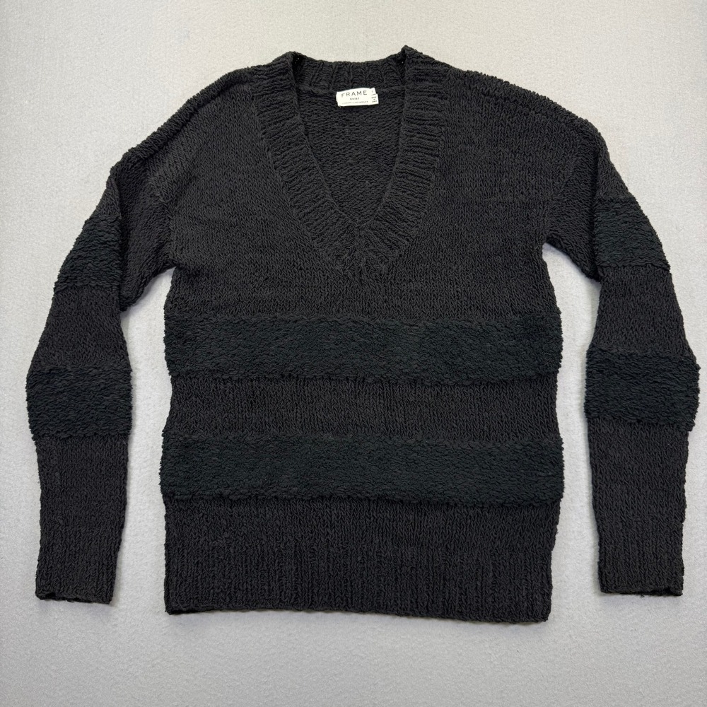 FRAME Noir Black V-Neck Mixed Texture Striped Cotton Blend Sweater LWSW0139 S